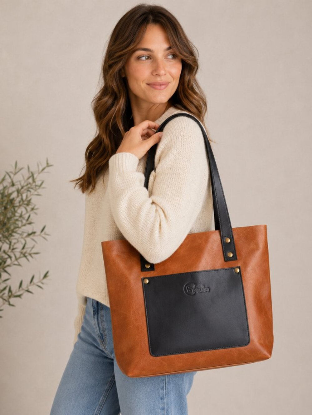 Brown and black top-grain genuine leather tote